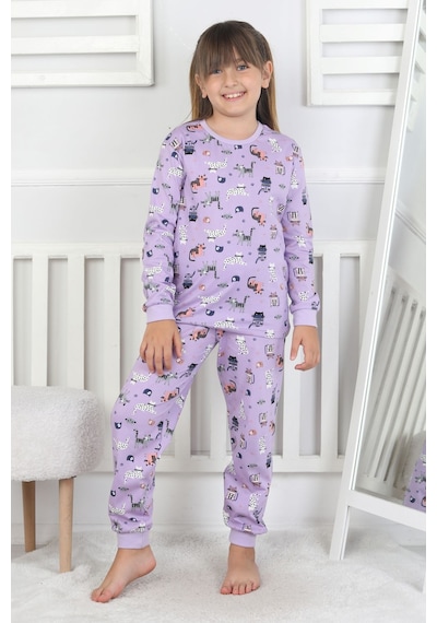 Uzun Kollu Cute Cat Desenli Kız Çocuk Pijama Takımı Mor