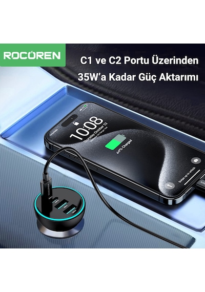 Rocoren 70w 4 Portlu 2 Type-c 2 Usb-a Led Işıklı Araç İçi Hızlı Şarj Cihazı