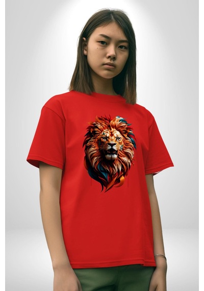 Renkli Kaplan Kükrüyor Pamuklu Bisiklet Yaka Unisex Oversize Boyfriend Dijital Baskılı Kırmızı T-shirt Kırmızı