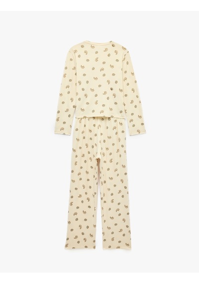 Koton Rahat Kalıp Bisiklet Yaka Uzun Kollu Baskılı Pijama Takımı Ekru 7wlk40346mk