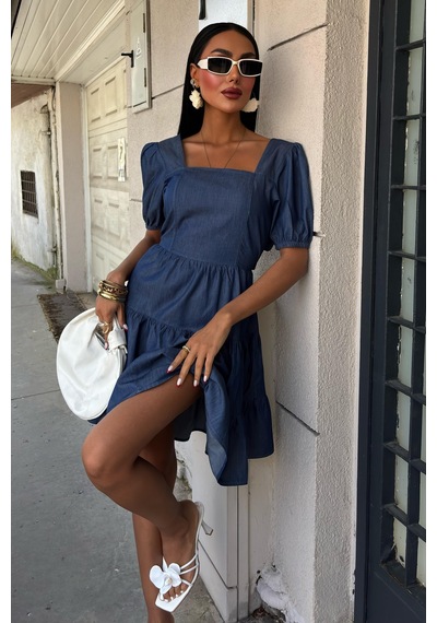 WeShaya Kadın Koyu Mavi Tensel Kare Yaka Mini Elbise Koyu Mavi