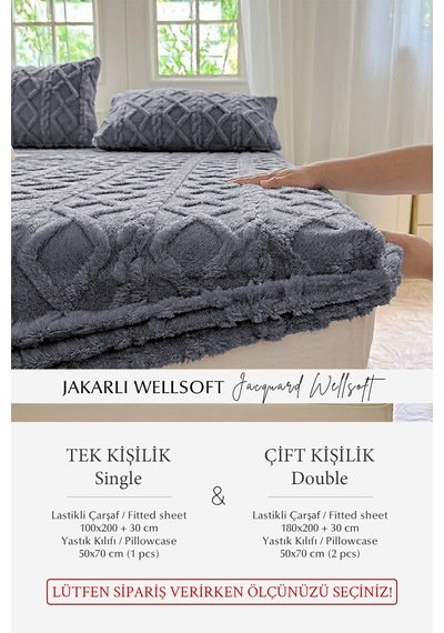 Süper Yumuşak Jakar Kadifemsi Peluş Lastikli Fitted Çarşaf Seti Kaymaz Tek/çift Kişilik Antrasit Koyu Gri