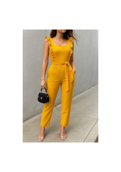 DefyModa Kadın Tasarım Tül Kumaş Kare Yaka Kuşaklı Tulum Sarı