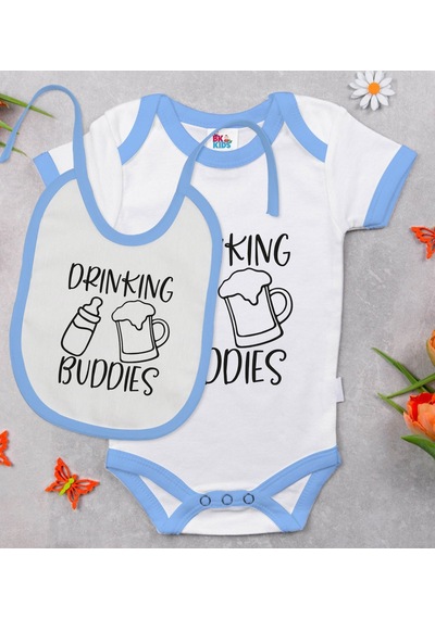 Bk Kids Drinking Buddies Tasarımlı Mavi Bebek Body Zıbın Ve Mama Çok Renkli