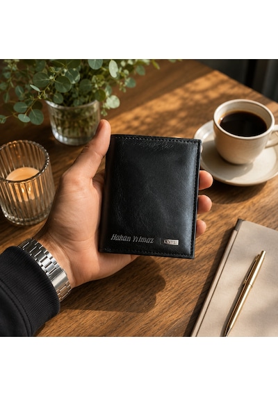 Bk Gift Kişiye Özel Siyah Deri Dikey Cüzdan Kartlık Ve Şeffaf Kimlik Bölmeli Model