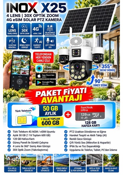 Inox X25 4 Lensli 30x Optik Zoom 4G eSIM Solar PTZ Güvenlik Kamerası Beyaz + 128 GB Hafıza Kartı