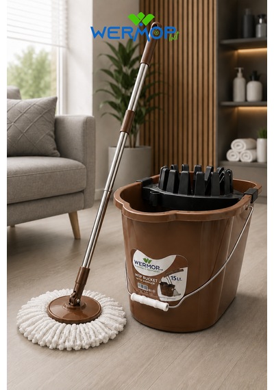 15 Litre Temizlik Kovası Sıkma Aparatlı Mop Kovası - Kahverengi