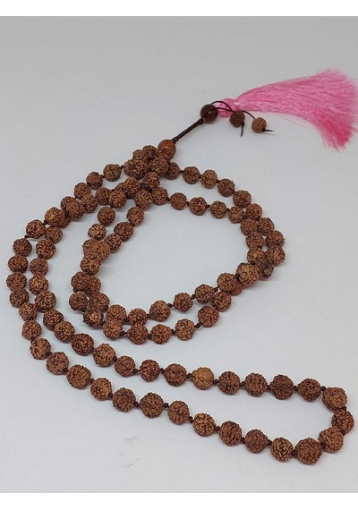 Rudraksha Tohumlu Pembe Püsküllü 108'lik Ara Düğümlü El Yapımı Ma