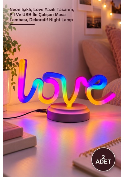 2 Adet Love Neon Masa Gece Lambası Neon Işıklı, Love Yazılı Tasarım, Pil Ve Usb İle Çalışan Masa Lambası, Dekoratif Night Lamp Diğer