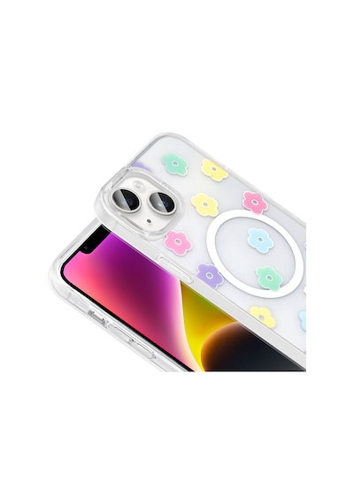 Techaks Apple Uyumlu iPhone 15 Plus Kılıf M-safe Şarj Özellikli Şeffaf Zore Folk Sert Kapak - Kalp Beyaz