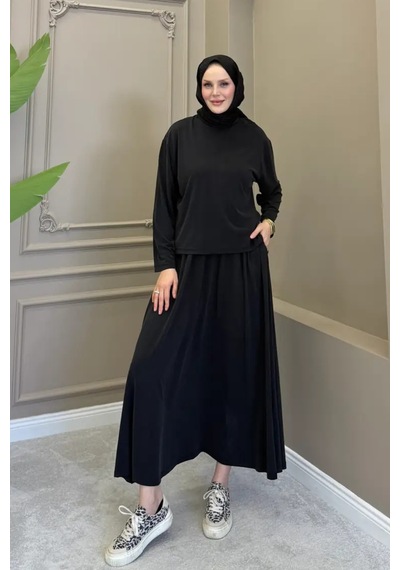 Balenbi Kadın Modal Kumaş Rahat Kalıp Lastikli Bel Etekli Tesettür Takım 1221 - Premium Seri Siyah Balenbi Kadın Modal Kumaş Rahat Kalıp Lastikli Bel Etekli Tesettür Takım 1221 - Premium Seri Siyah