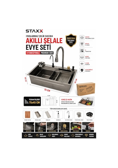 Staxx 2se7545 Sus304 Paslanmaz Çelik Akıllı Mutfak Evyesi 75x45 Cm 8 Fonksiyonlu Ankastre Evye Set Antrasit Gri