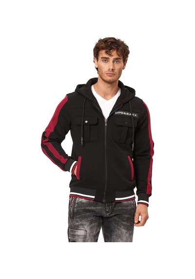 Cipo & Baxx Erkek Kapüşonlu Fermuarlı Şerit Detaylı Cepli Sweatshirt Ceket Cl586 Siyah