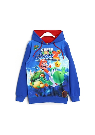 Dobakids Super Mario 3D Baskılı Kışlık Mevsimlik Uzun Kollu Kapüşonlu Hoodie Sweatshirt Mavi