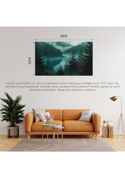 Doğa Ve Manzara Yatay Yoğun Ağaçlar Ve Gizli Göl, Sisli Vadi, Gizemli Ruh Hali Soluk Renkler 04 Çerçevesiz 90x60cm Pvc Tablo