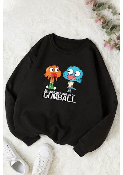 Unisex Gumball Baskılı Bisiklet Yaka Sweatshirt Siyah