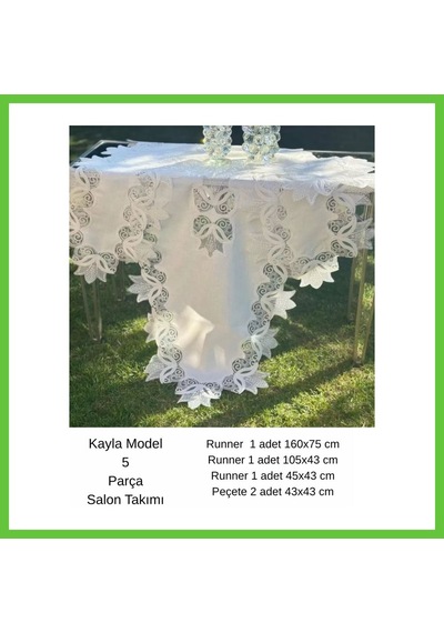 Bezos Salon Takımı 5 Parça Keten Masa Örtüsü Runner Seti Çeyizlik Kayla Model No 2323 Krem-krem Dmc
