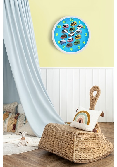 Renkli Minibüs Çizimli Modern Çocuk Odası Duvar Saati - 25cm - Önü Camlı Beyaz Kasa-jh0786 Beyaz