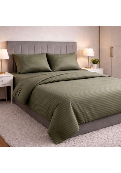 Tr Wova Home Olive Stripe Çift Kişilik Nevresim Takımı%90 Pamuk 83 Tel Saten Çizgili Lastikli Çarşaflı Yeşil Ne Genel