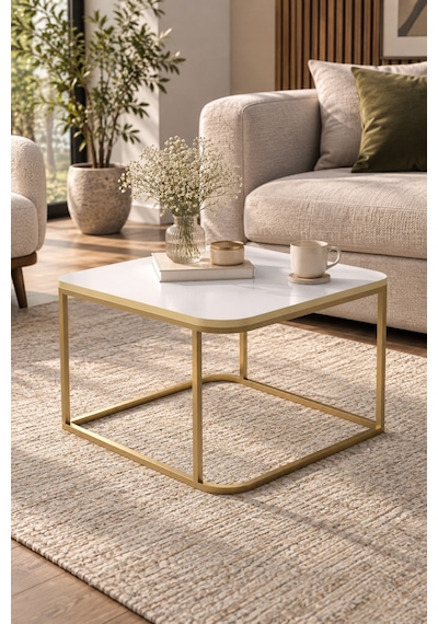 Sulorahome Beyaz Kare Orta Sehpa Gold Metal Ayaklı Beyaz - Altın