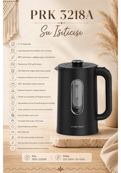 Premier PRK 3218A 1.7 L Isıya Dayanıklı Cam Hazneli Led Işıklı Su Isıtıcısı Kettle