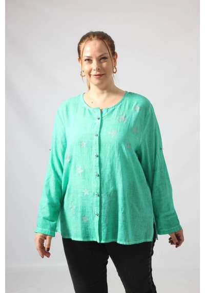 Moda Berray 3294 Yeşil Yıldız Baskılı Organik Keten Kumaş Mevsimlik Gömlek Yeşil