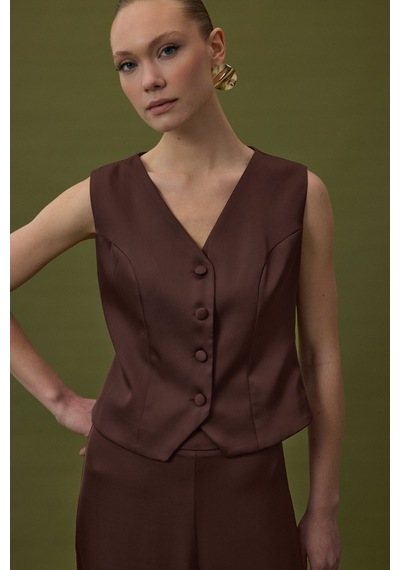 Sateen Klasik Düz Yelek - Kahve-137028 Kahve