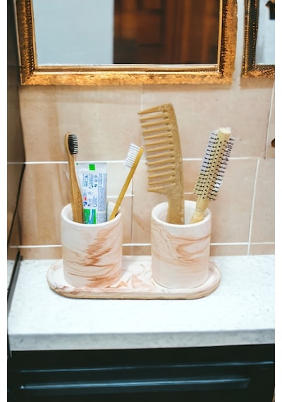 Banyo Seti Turuncu Renk Tepsili Diş Fırçalık, Diş Macunluk, Makyaj Organizeri,banyo Takım Gri