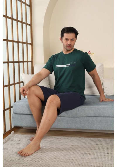 Seboteks %100 Pamuklu Kısa Kollu Cepli Erkek Şortlu Pijama Takımı 2015 Haki