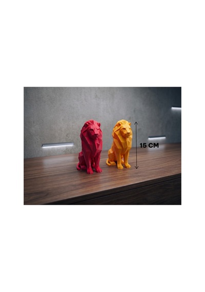 Geometrik Tasarım 2'li Aslan Heykeli Seti - Modern Dekoratif Biblo Kırmızı & Sarı