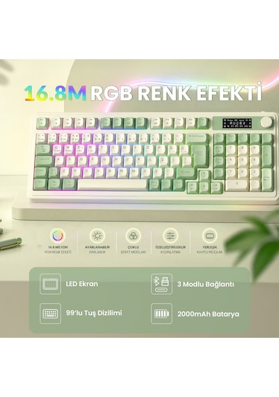 Aula S99 Pro Retro Rgb Gaming Bluetooth 2.4ghz Type-c 3 Mod Kablosuz Makrolu Türkçe Q Oyuncu Klavye Yeşil