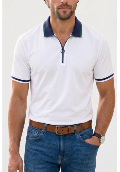 Tudors Erkek Slim Fit Dar Kesim %100 Pamuk Kısa Kollu Yarım Fermuarlı Beyaz Polo Yaka Tişört-50744