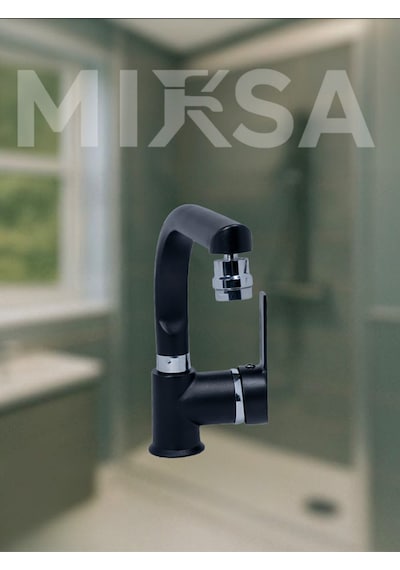 Siyah-krom Armut Balıksırtı Borulu Oynar Başlıklı Perlatörlü Banyo Lavabo Bataryası, Çiftsugirişli