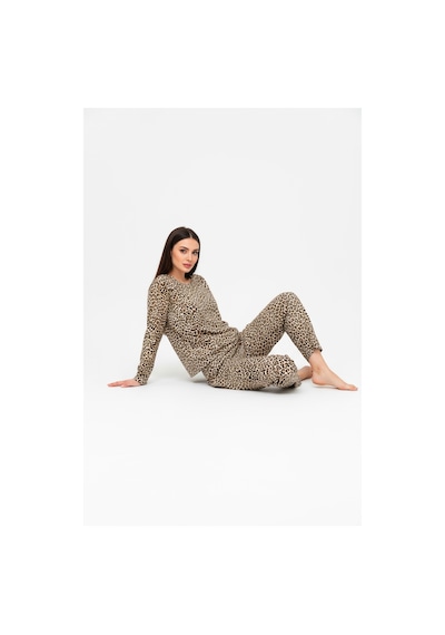 Bisiklet Yaka Süet Pijama Takımı 6006 Leopar Kahverengi
