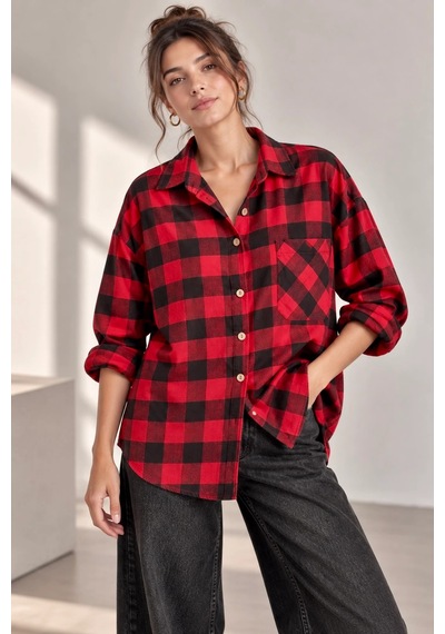 Bb Butik Basic Kadın Ekose Gömlek Oversize Oduncu Gömlek Uzun Kollu Cepli Günlük Tr0935 Kırmızı