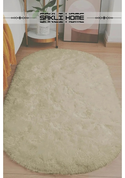 Bej Oval Post Halı Peluş Yumuşak Kaymaz Dot Taban Makinada Yıkanabilir Yolluk Bej