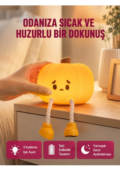 Dekoratif Pumpkin Gece Lambası Şarjlı Dokunmatik Led Işık Yeni Nesil Sarı