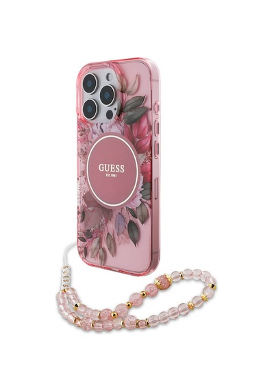Apple Uyumlu iPhone 16 Pro Kılıf Guess Lisanslı Magsafe Özellikli Iml Baskılı Çiçek İnci Bileklikli Pembe