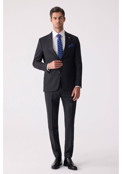 Erkek Siyah Slim Fit Çizgili %100 Yün Takım Elbise