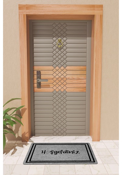 Rugmood Modern Dijtal Baskı Gri Çift Çerçeveli Hoşgeldiniz Kapı Önü Paspası