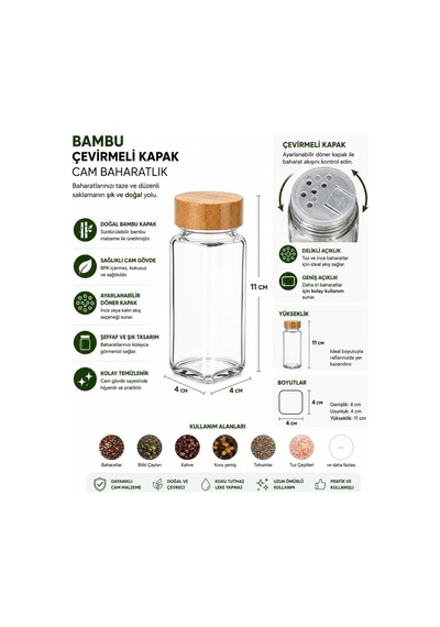 Bambu Kapaklı Cam Baharatlık Seti 12 Adet, Şeffaf Kare Baharat Kavanozu, Plastik Delikli İç Kapaklı Kontrollü Döküm Sistemi, 11x4x4 Cm Mutfak Düzenleyici Baharat Saklama Kabı Seti Çok Renkli