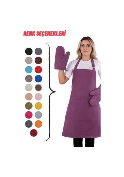 Simple 3lü Set Ayar Askılı Cepli Mutfak Önlüğü Seti 2 Eldiven Şef Garson Kafe Aşçı Barista Mor