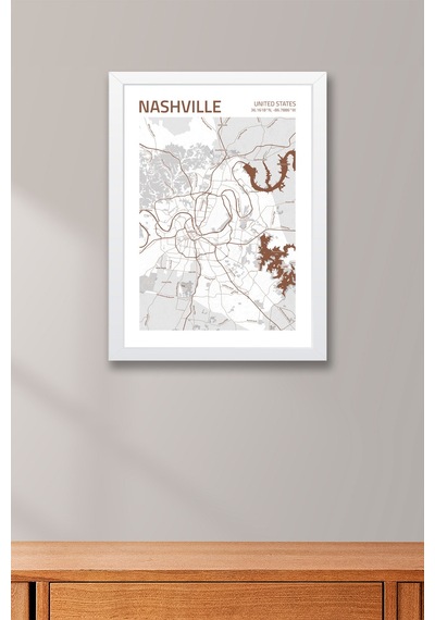 Nashville Abd Haritası Çerçeveli Tablo Lüks Salon Ofis Duvar Dekorasyonu Hediyelik Tablo Beyaz