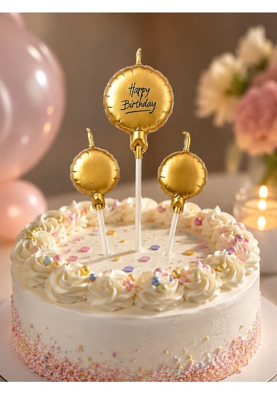 "happy Birthday" Yazılı Şık Altın Renkli Balon Tasarımlı Pasta Mum Seti 11-12