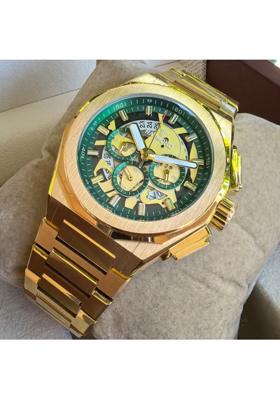Raymond Gold Yeşil Detaylı Premium Çelik Erkek Kol Saati Altın