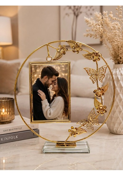 Ers Dekoratif Gold Fotoğraf Çerçevesi Kelebek Ve Çiçek Detaylı Şık Masaüstü Dekorasyon Hediyelik Çok Renkli