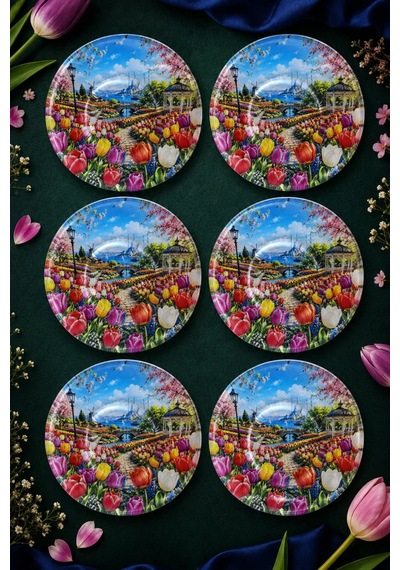 6 Lı Cam Çay Tabağı Renkli Lale Bahçesi Ve Boğaz Manzarası Desenli 12 Cm 6 Adet Çay Tabak Pembe