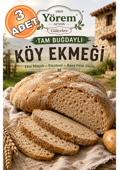 Yörem Afyon Afyon Yöresinden Kara Fırın Usulü Hakiki Ekşi Mayalı Patatesli Tam Buğdaylı Köy Ekmeği 1,5kg 3 Adt
