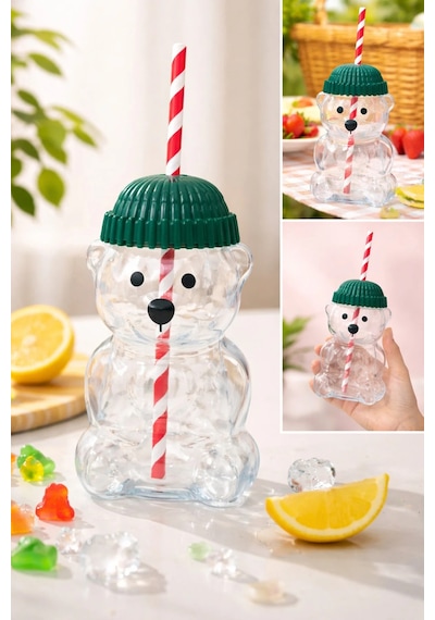 Tilbe Home Ayıcık Şekilli Cam Su Matarası 600 Ml Beyaz Pipetli Kapaklı Suluk Soğuk İçecek Kokteyl Bardağı Sevim