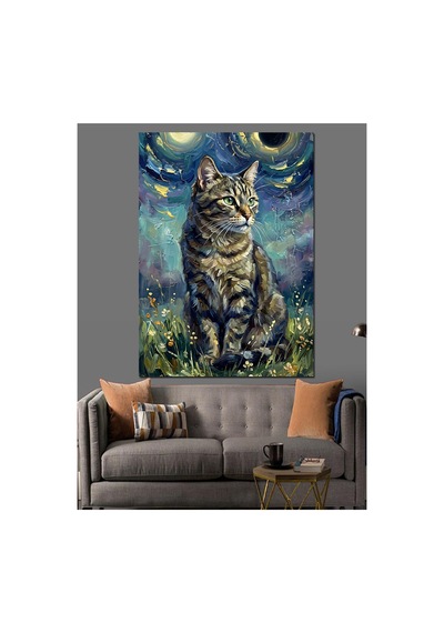 Yıldızlı Gece Altında Sanatsal Kedi Yağlı Boya Dokulu Kanvas Tablo Canvas Tablosu